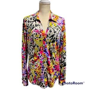 Carmen Marc Valvo Retro Multicolored
Stained Glass Print silky collared top
